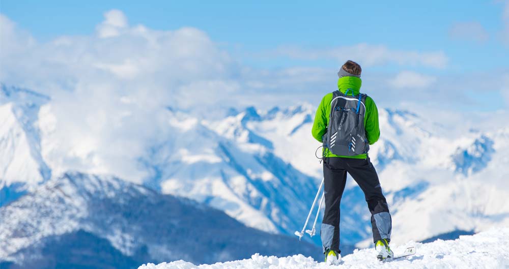 Skier dressed in clothing bought from Delpero store