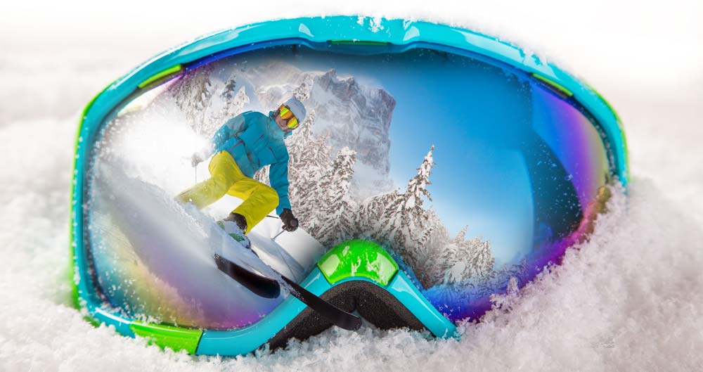 Ski goggles available at Delpero shop with skier reflex with rented equipment at Delpero rental